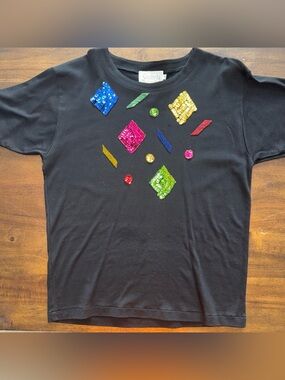 Vintage 90s Beaded Sequin Shapes Black Shirt Santoria Womens M Colorful New Wave